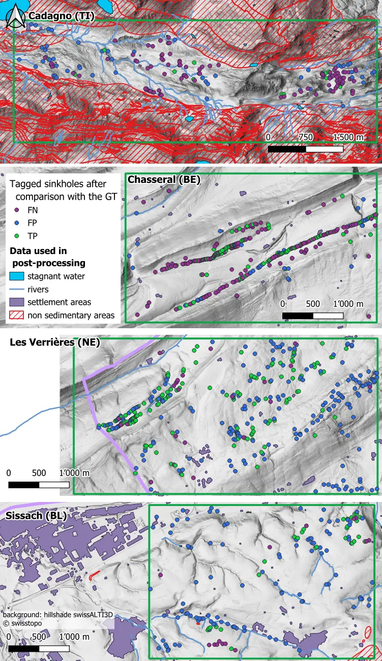 TP, FP, and FN as dots corresponding to the doline centroids for the areas of marls on karst